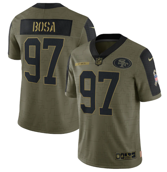 Men's San Francisco 49ers #97 Nick Bosa 2021 Olive Camo Salute To Service Limited Stitched Jersey Men's San Francisco 49ers #97 Nick Bosa 2021 Olive Camo Salute To Service Limited Stitched Jersey